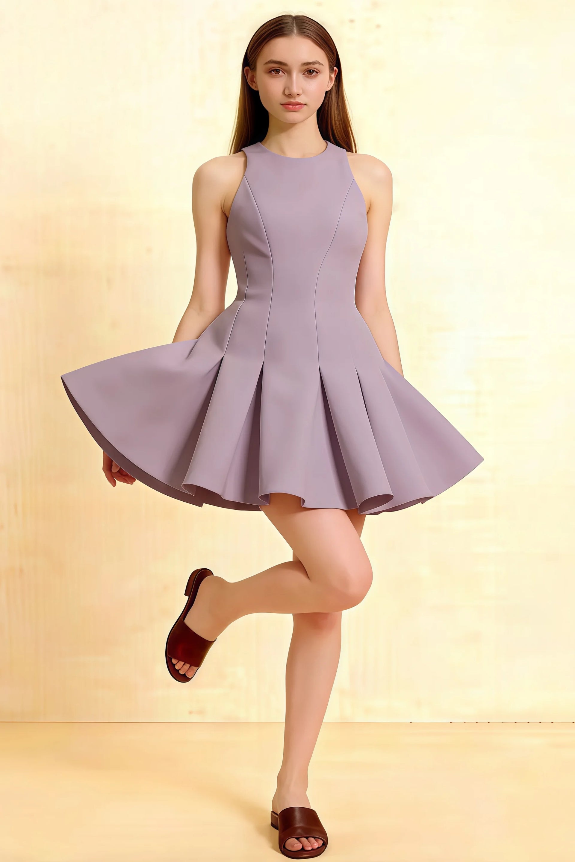 Cheryl wisteria round neck sleeveless skater mini dress in crepe, front view studio shot for homecoming, semi - formal events