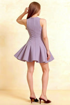 Cheryl wisteria crepe skater dress back view, sleeveless round neck design for prom, bridesmaid party