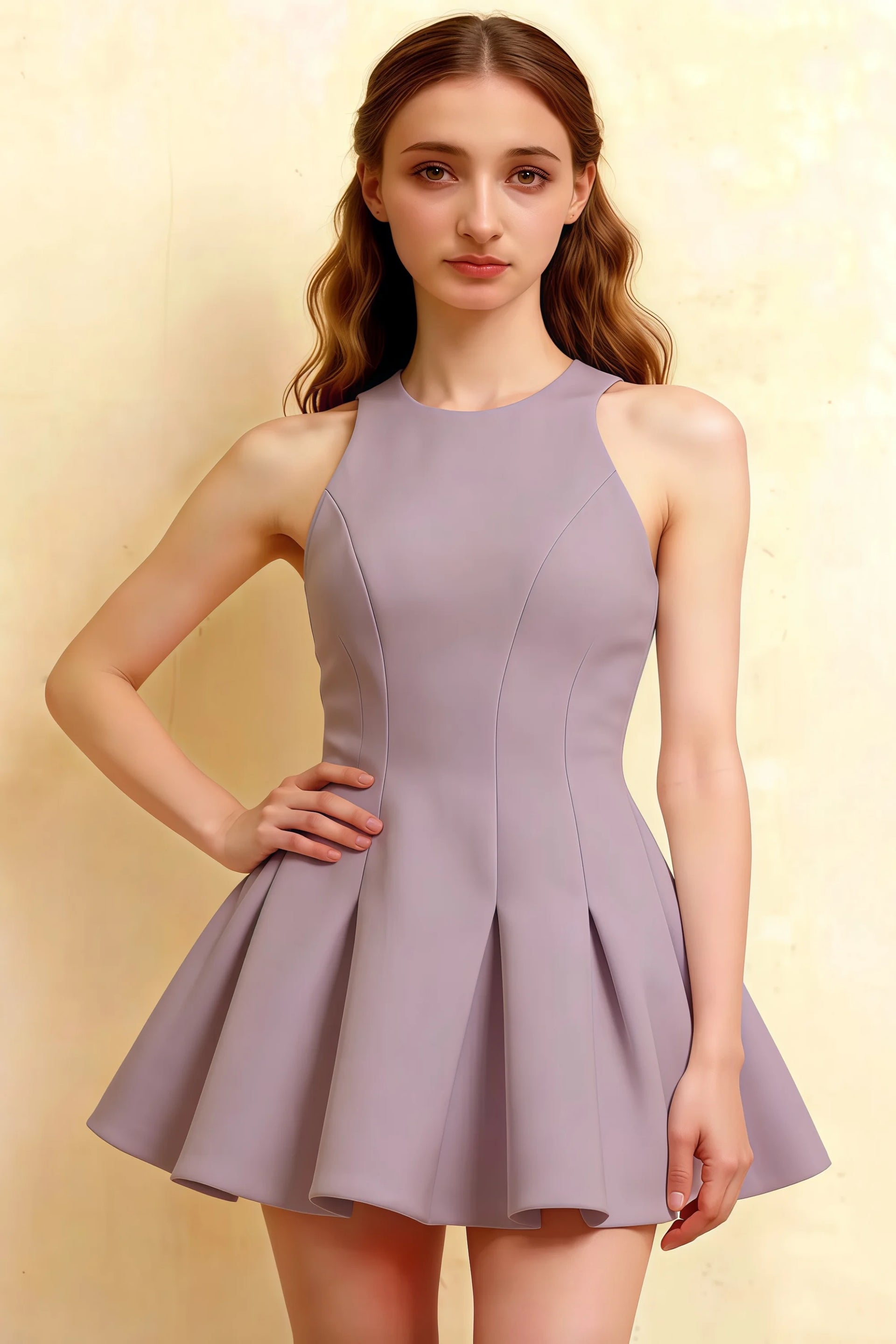 Cheryl wisteria crepe skater mini dress front view, round neck sleeveless, suitable for homecoming, petite fit