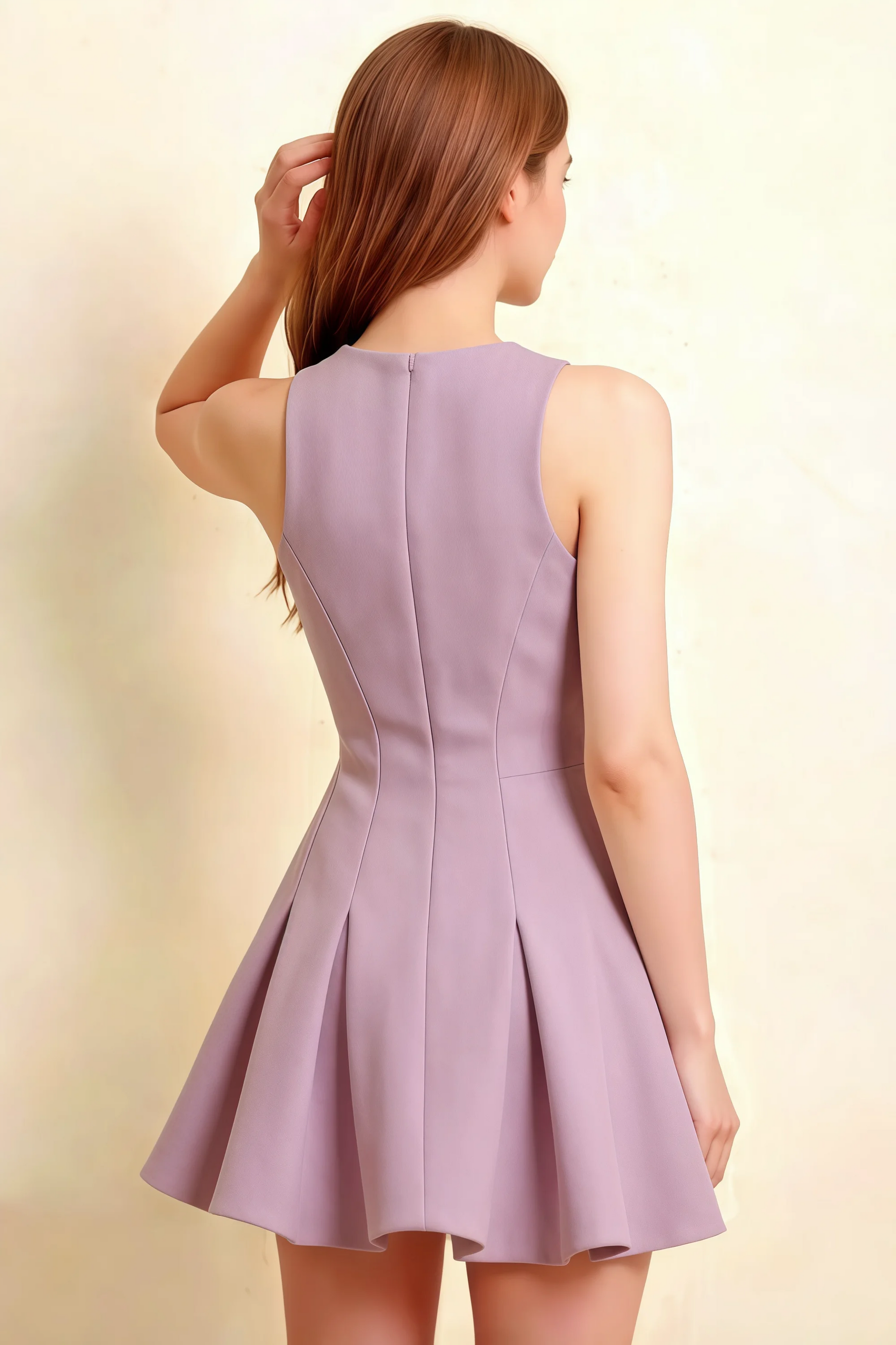 Back view of Cheryl wisteria sleeveless skater dress, crepe fabric, round neck, ideal for bridesmaid party