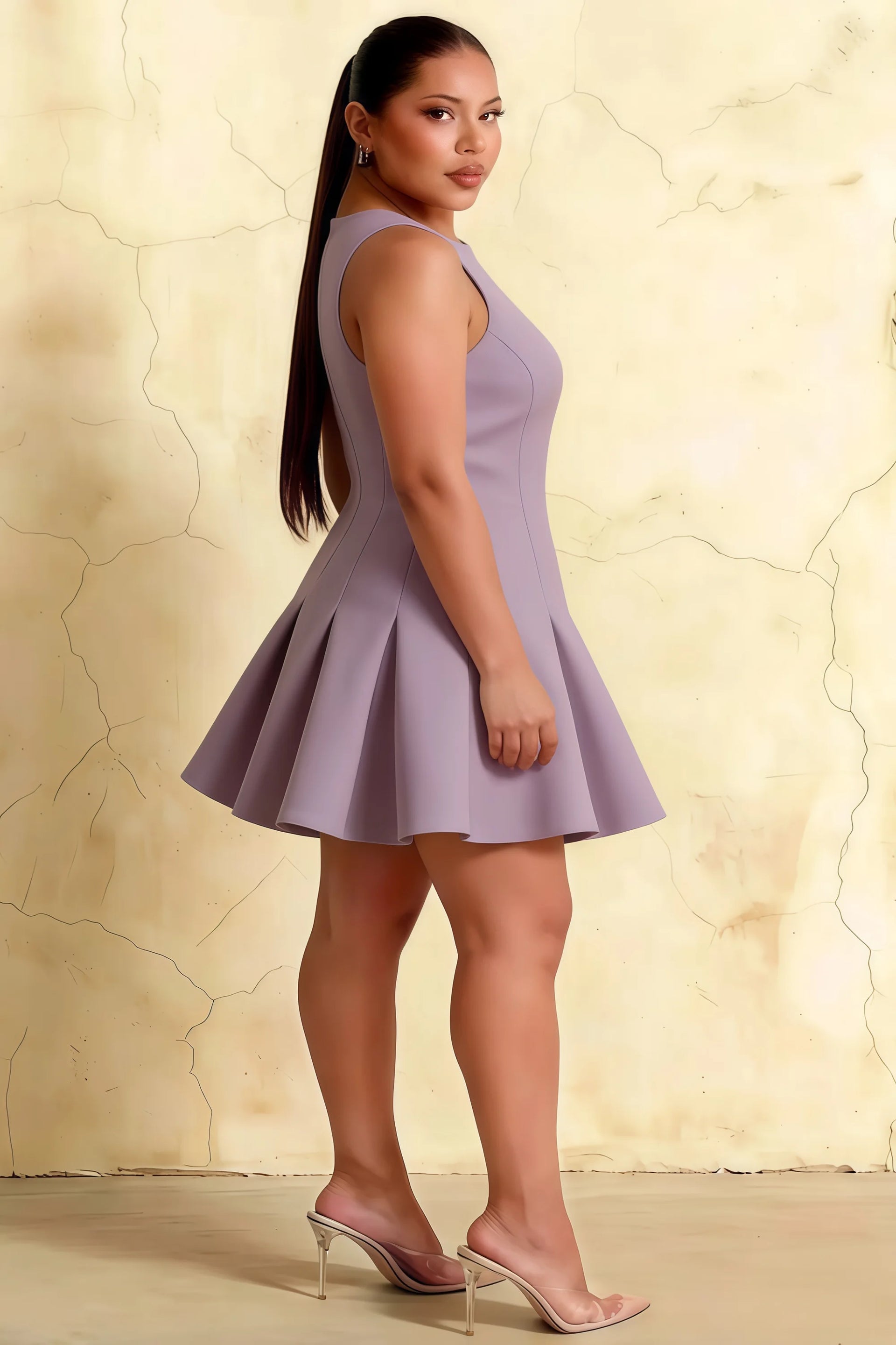 Side view of plus size Cheryl wisteria sleeveless skater dress, crepe fabric, round neck, prom suitable