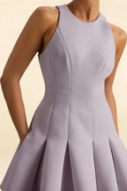 Close up of Cheryl wisteria round neck sleeveless skater dress, crepe fabric details, front design