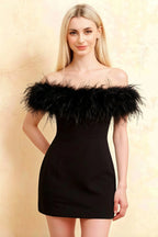 Chloe Black Strapless Feather Trim Mini Dress