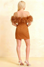 Chloe Bronze Strapless Feather Trim Mini Dress