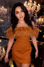 Chloe Bronze Strapless Feather Trim Mini Dress