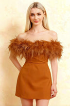 Chloe Bronze Strapless Feather Trim Mini Dress