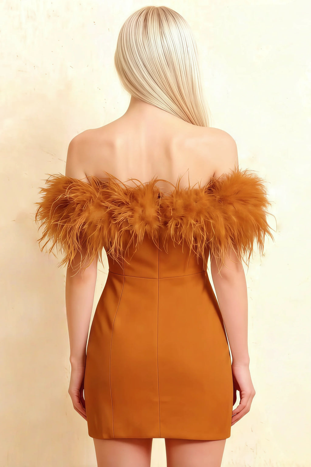 Chloe Bronze Strapless Feather Trim Mini Dress