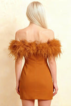 Chloe Bronze Strapless Feather Trim Mini Dress
