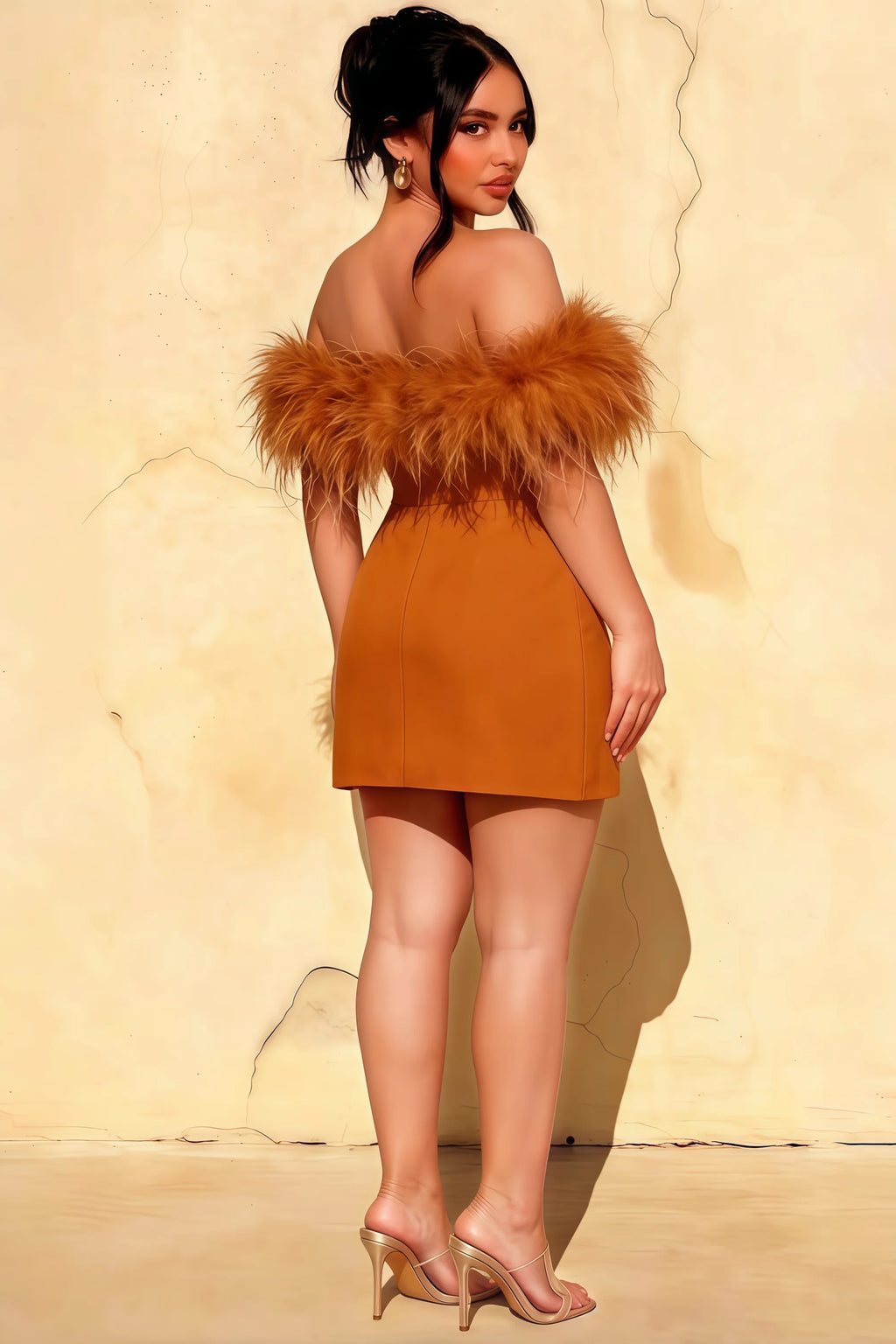 Chloe Bronze Strapless Feather Trim Mini Dress