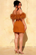 Chloe Bronze Strapless Feather Trim Mini Dress