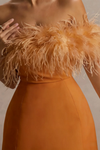 Chloe Bronze Strapless Feather Trim Mini Dress