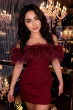 Chloe Burgundy Strapless Feather Trim Mini Dress