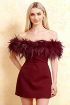 Chloe Burgundy Strapless Feather Trim Mini Dress