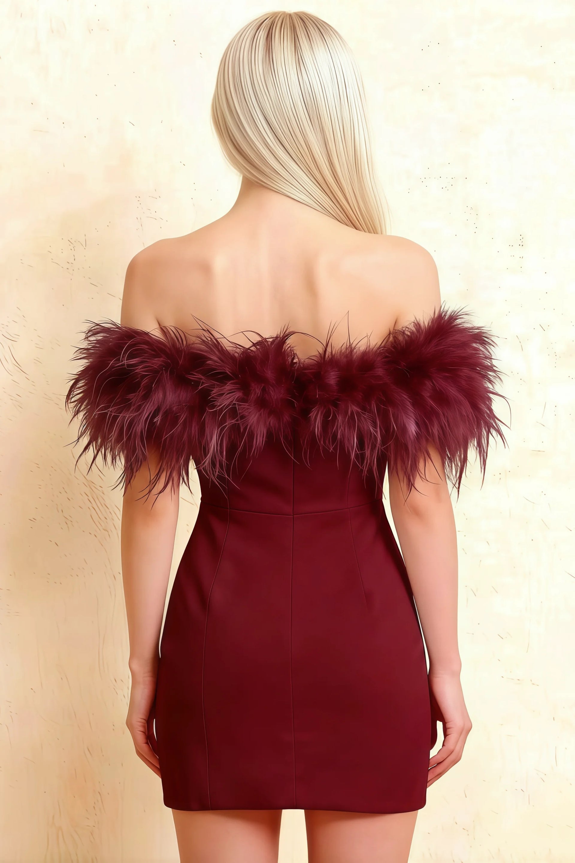 Chloe Burgundy Strapless Feather Trim Mini Dress