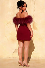 Chloe Burgundy Strapless Feather Trim Mini Dress