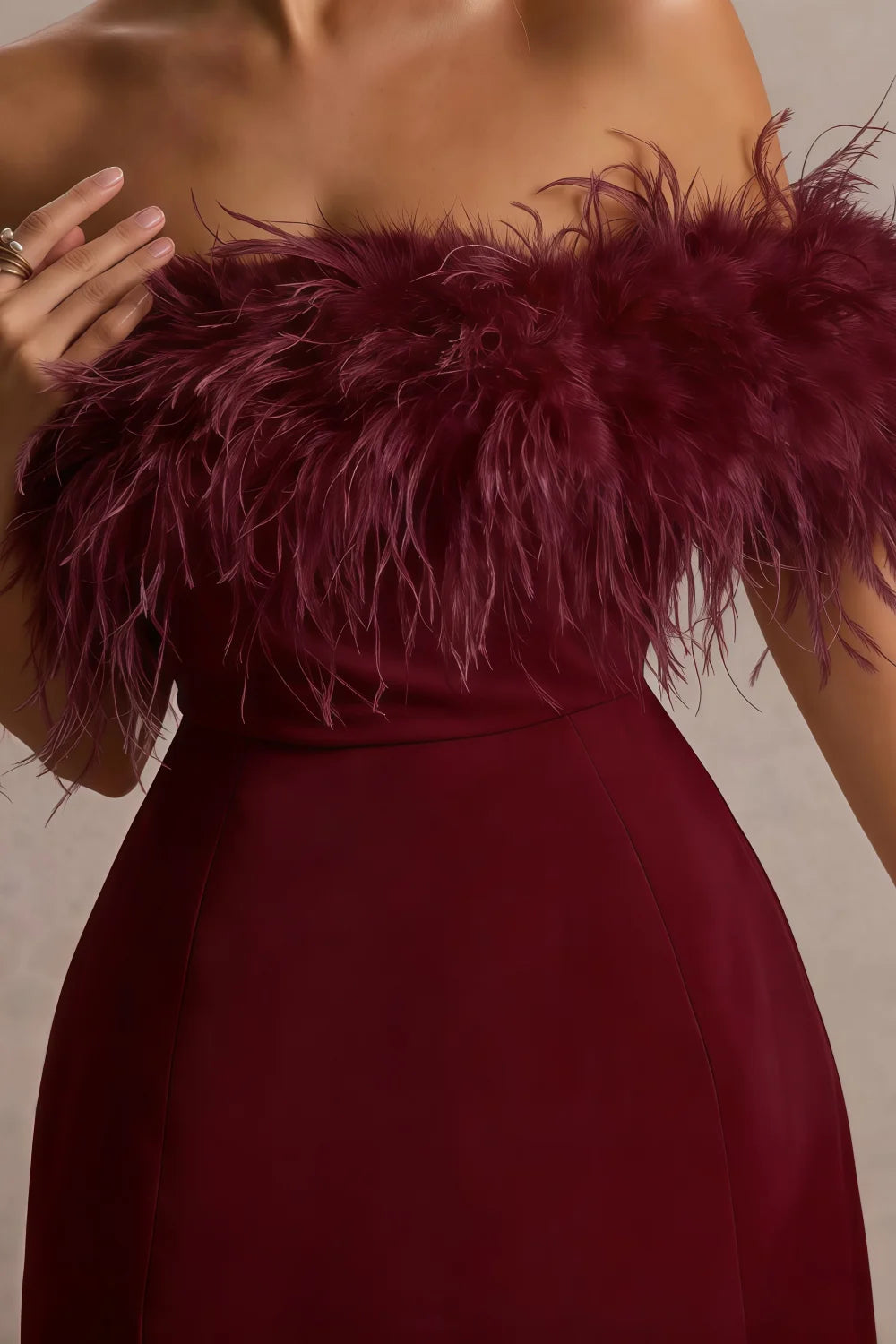 Chloe Burgundy Strapless Feather Trim Mini Dress