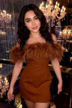 Chloe Chocolate Strapless Feather Trim Mini Dress
