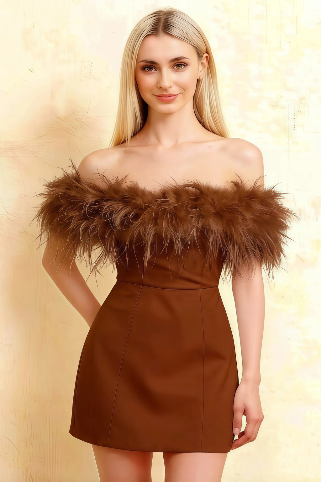 Chloe Chocolate Strapless Feather Trim Mini Dress
