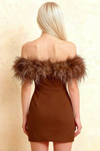 Chloe Chocolate Strapless Feather Trim Mini Dress