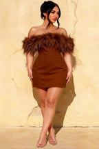 Chloe Chocolate Strapless Feather Trim Mini Dress