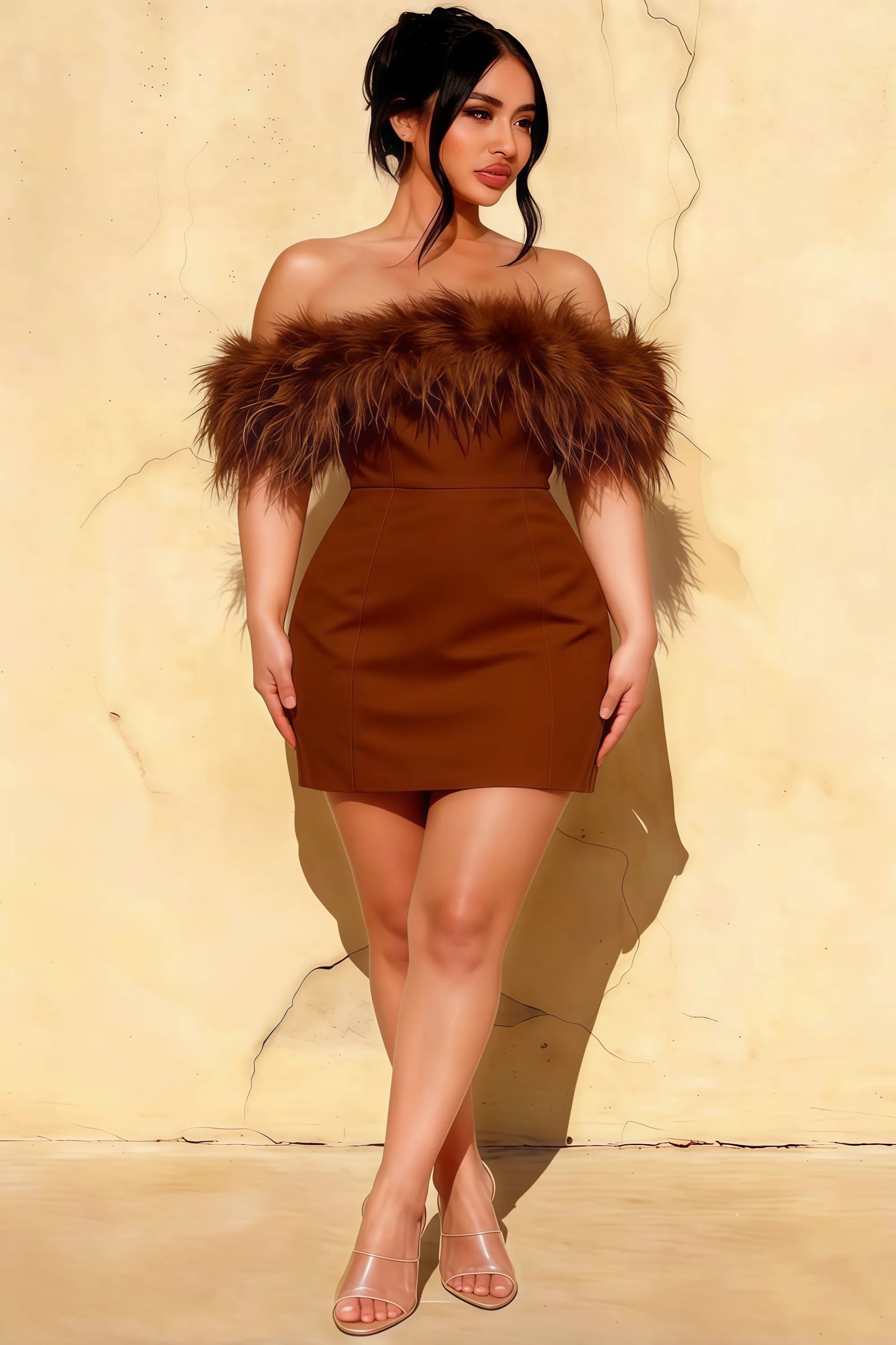 Chloe Chocolate Strapless Feather Trim Mini Dress
