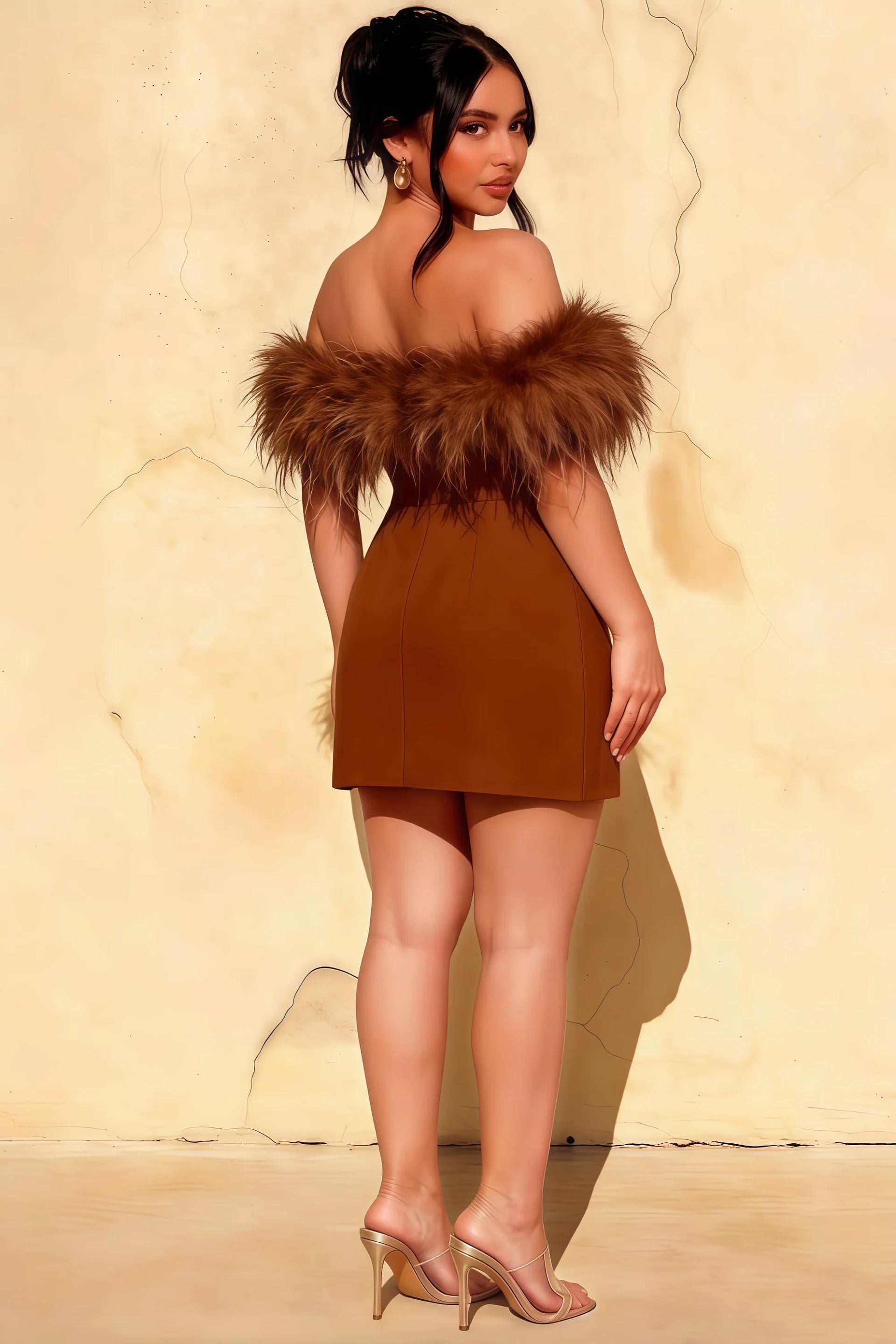 Chloe Chocolate Strapless Feather Trim Mini Dress