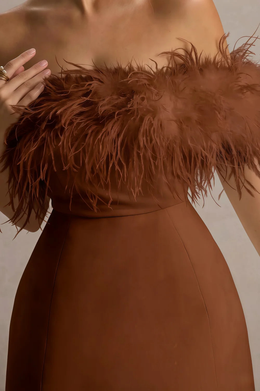 Chloe Chocolate Strapless Feather Trim Mini Dress