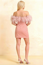 Chloe Coral Strapless Feather Trim Mini Dress