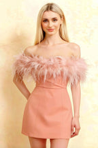Chloe Coral Strapless Feather Trim Mini Dress