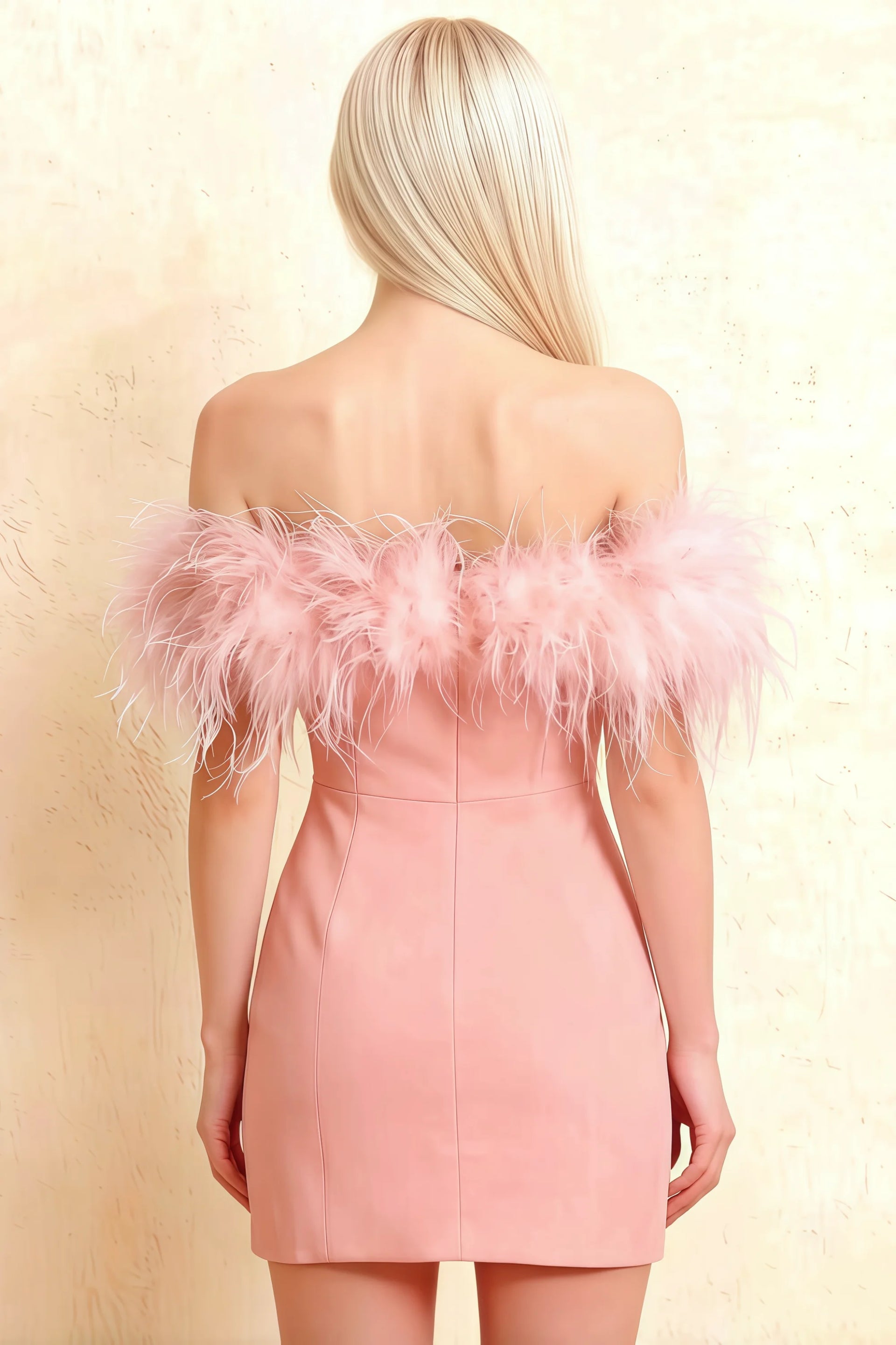 Chloe Coral Strapless Feather Trim Mini Dress