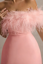 Chloe Coral Strapless Feather Trim Mini Dress