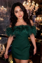Chloe Emerald Strapless Feather Trim Mini Dress