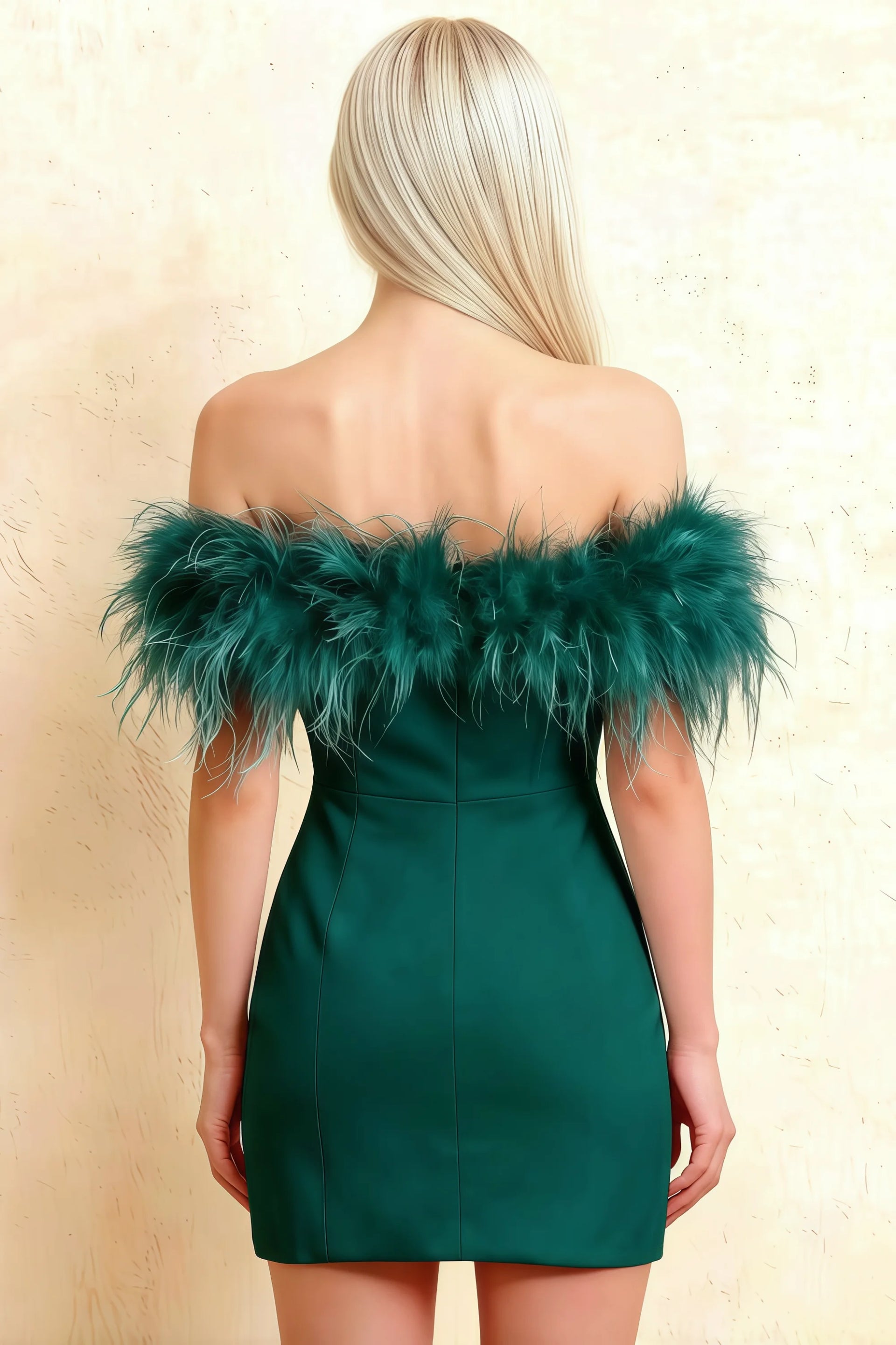 Chloe Emerald Strapless Feather Trim Mini Dress