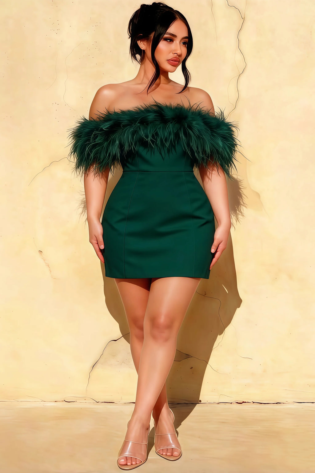 Chloe Emerald Strapless Feather Trim Mini Dress