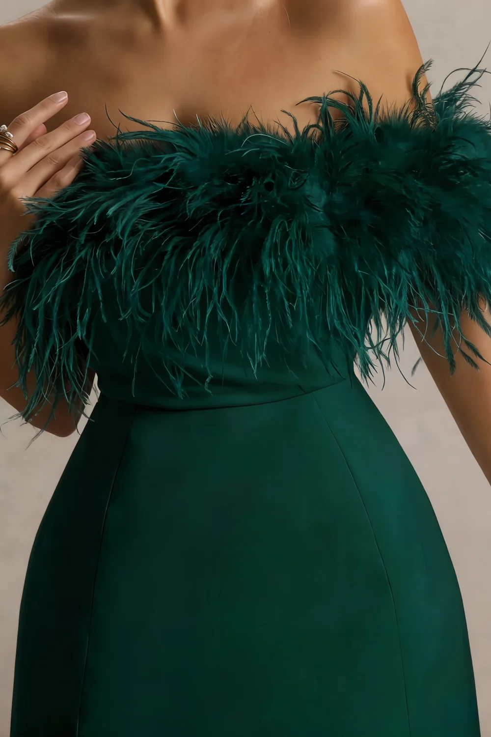 Chloe Emerald Strapless Feather Trim Mini Dress