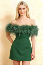 Chloe Forest Green Strapless Feather Trim Mini Dress