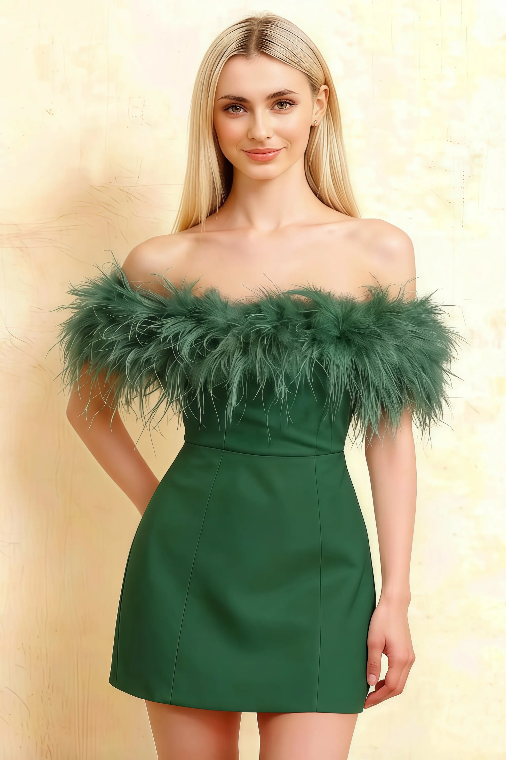 Chloe Forest Green Strapless Feather Trim Mini Dress