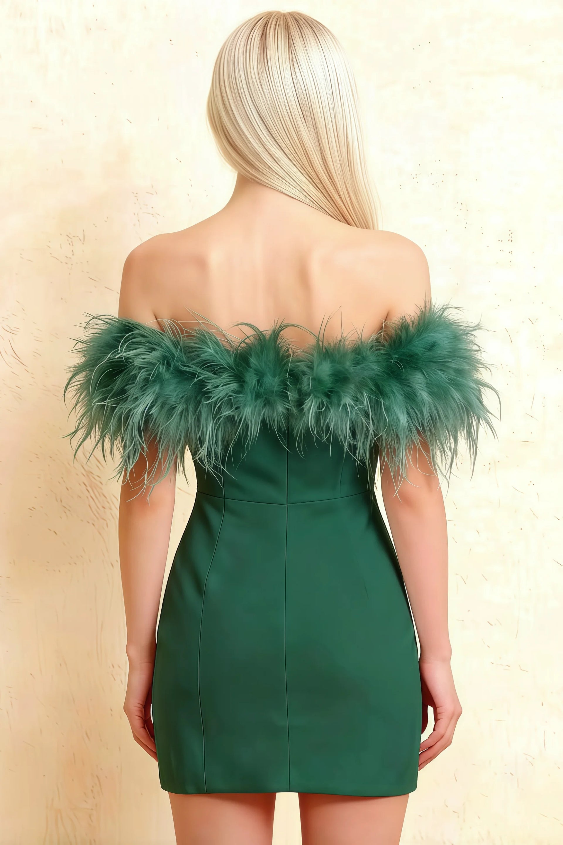 Chloe Forest Green Strapless Feather Trim Mini Dress