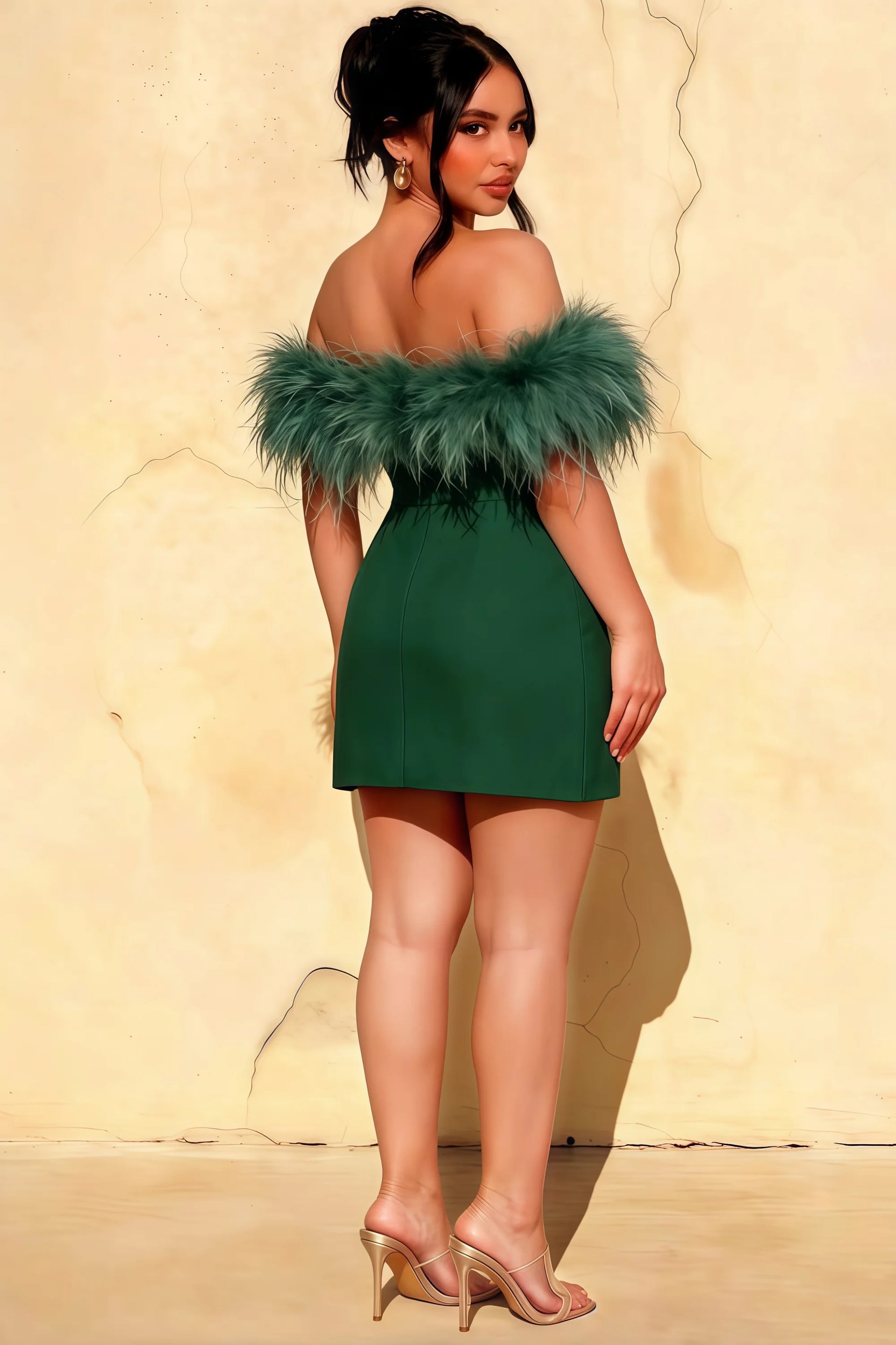 Chloe Forest Green Strapless Feather Trim Mini Dress