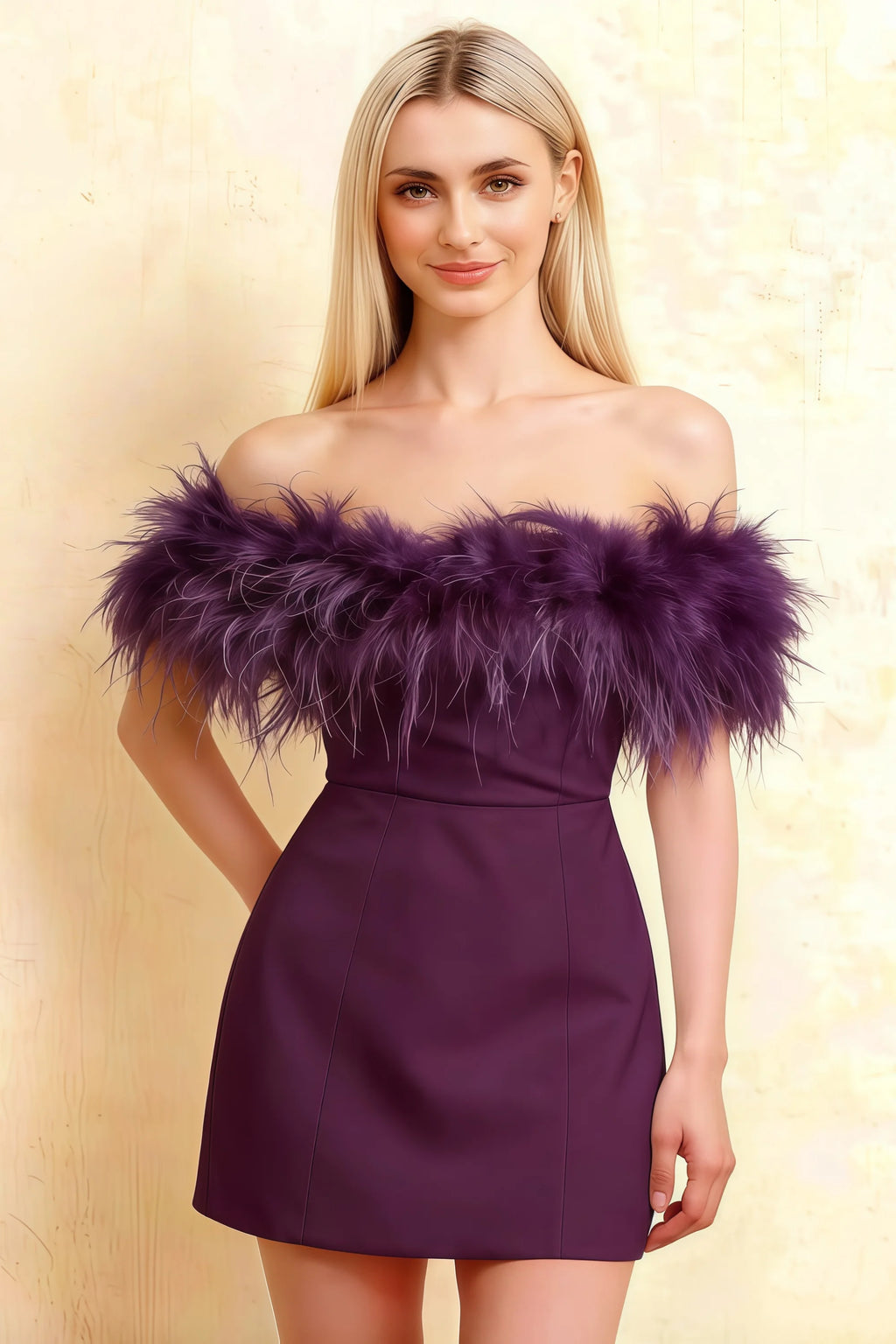 Chloe Grape Strapless Feather Trim Mini Dress