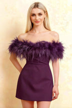 Chloe Grape Strapless Feather Trim Mini Dress