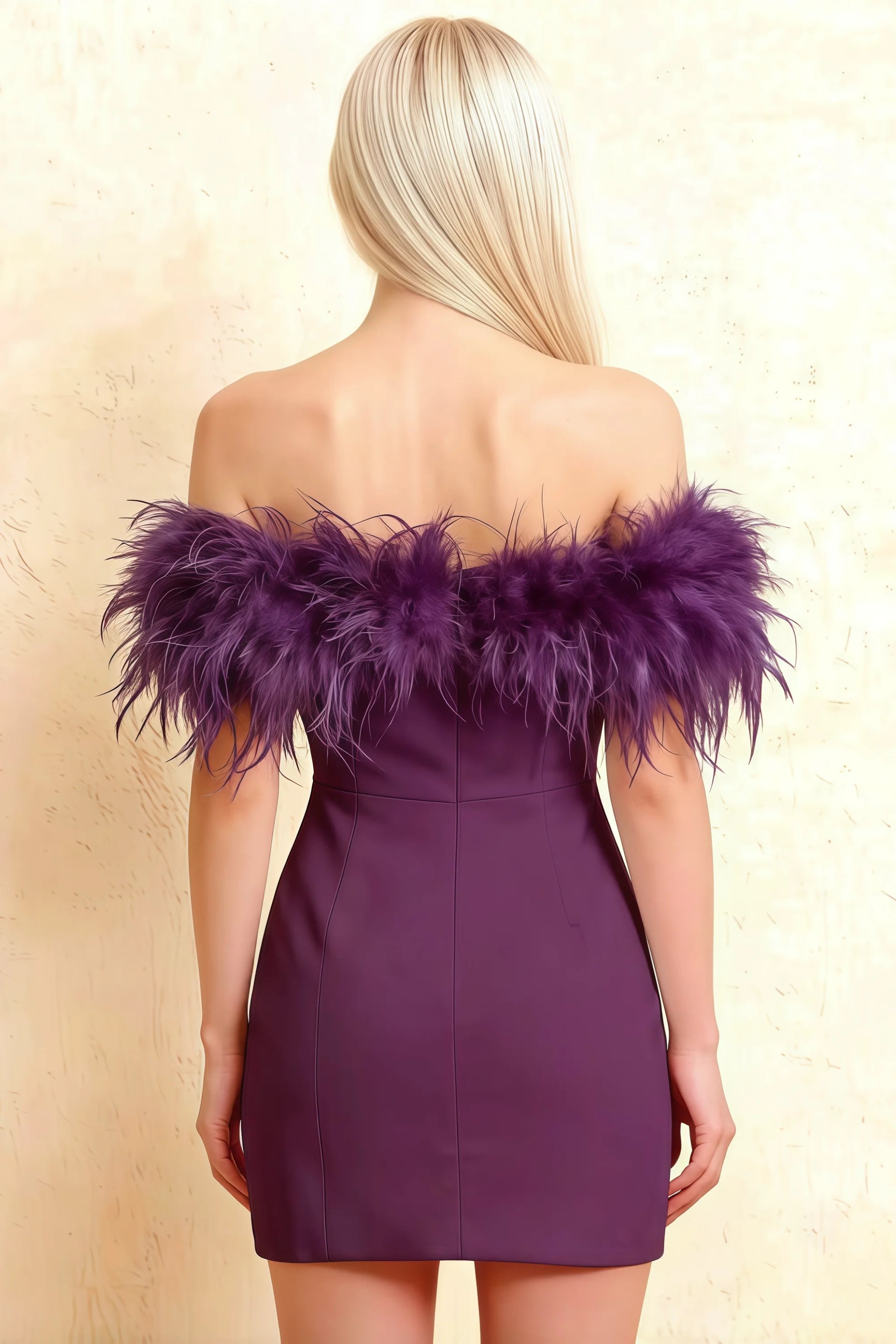 Chloe Grape Strapless Feather Trim Mini Dress