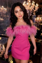 Customer Wearing Chloe Hot Pink Strapless Feather Trim Mini Dress – Crepe Off-Shoulder Bridesmaid Party Dress, Feather Detail for Nightclub/Event Nights
