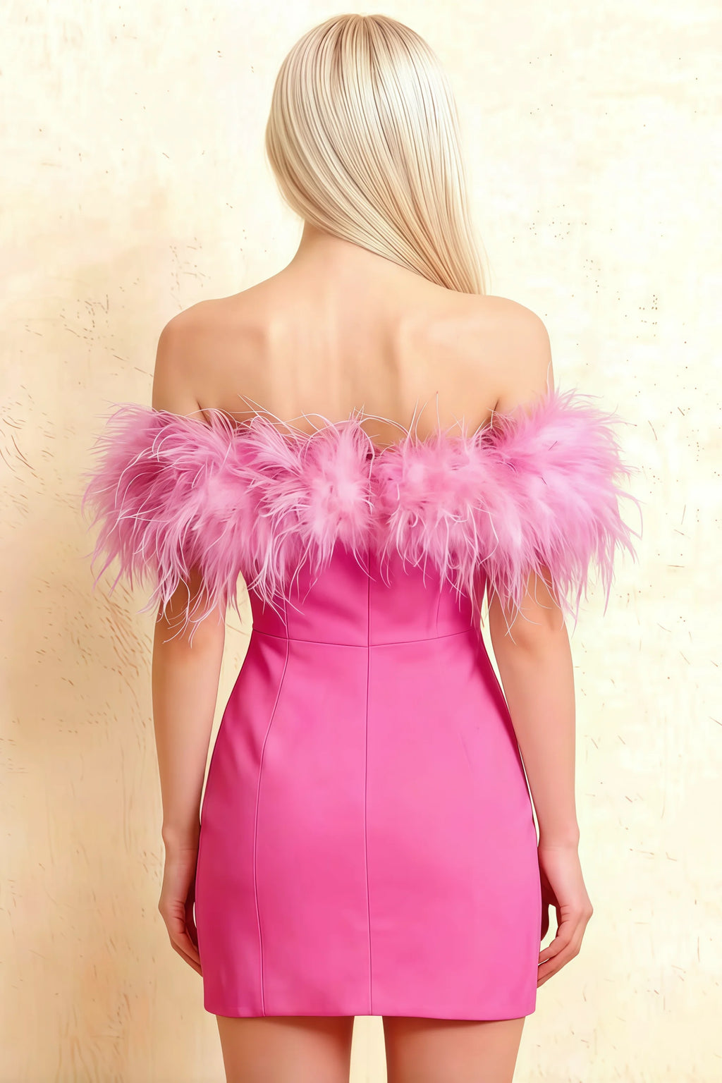 Back of Chloe Hot Pink Strapless Feather Trim Mini Dress – Crepe Off-Shoulder Semi-Formal Dress with Feather Sleeves, Tailored Fit for Evening Events