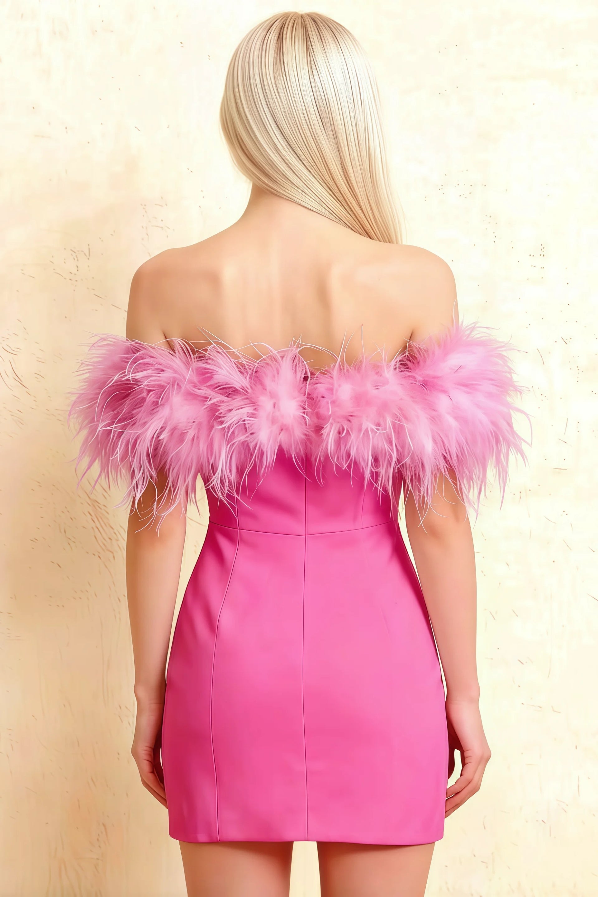 Back of Chloe Hot Pink Strapless Feather Trim Mini Dress – Crepe Off-Shoulder Semi-Formal Dress with Feather Sleeves, Tailored Fit for Evening Events