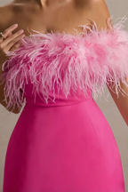 Close-Up of Chloe Hot Pink Strapless Feather Trim Mini Dress – Crepe Off-Shoulder Feather Neckline Detail, Luxurious Feather Texture for Prom/Bridesmaid Dresses