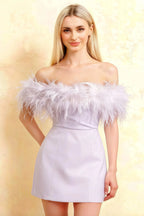 Chloe lavender strapless feather trim crepe mini dress perfect for bridesmaid party