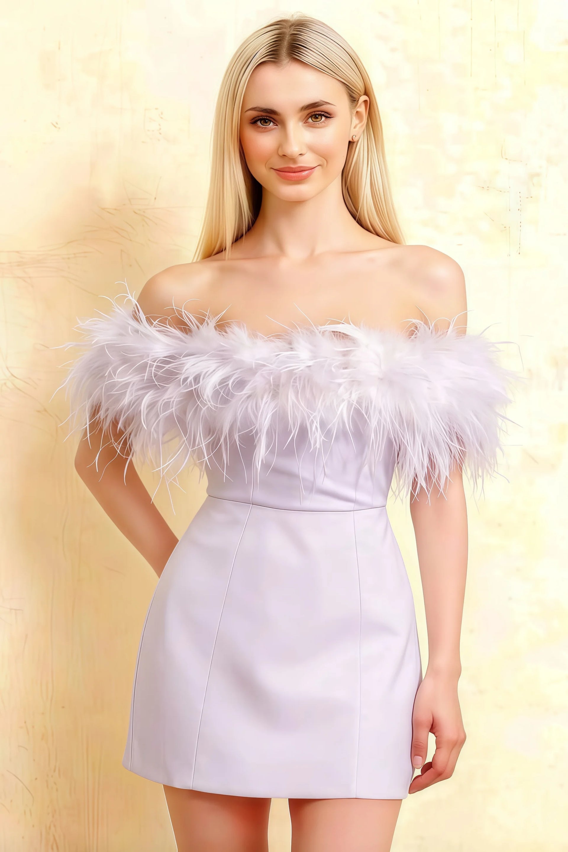 Chloe lavender strapless feather trim crepe mini dress perfect for bridesmaid party
