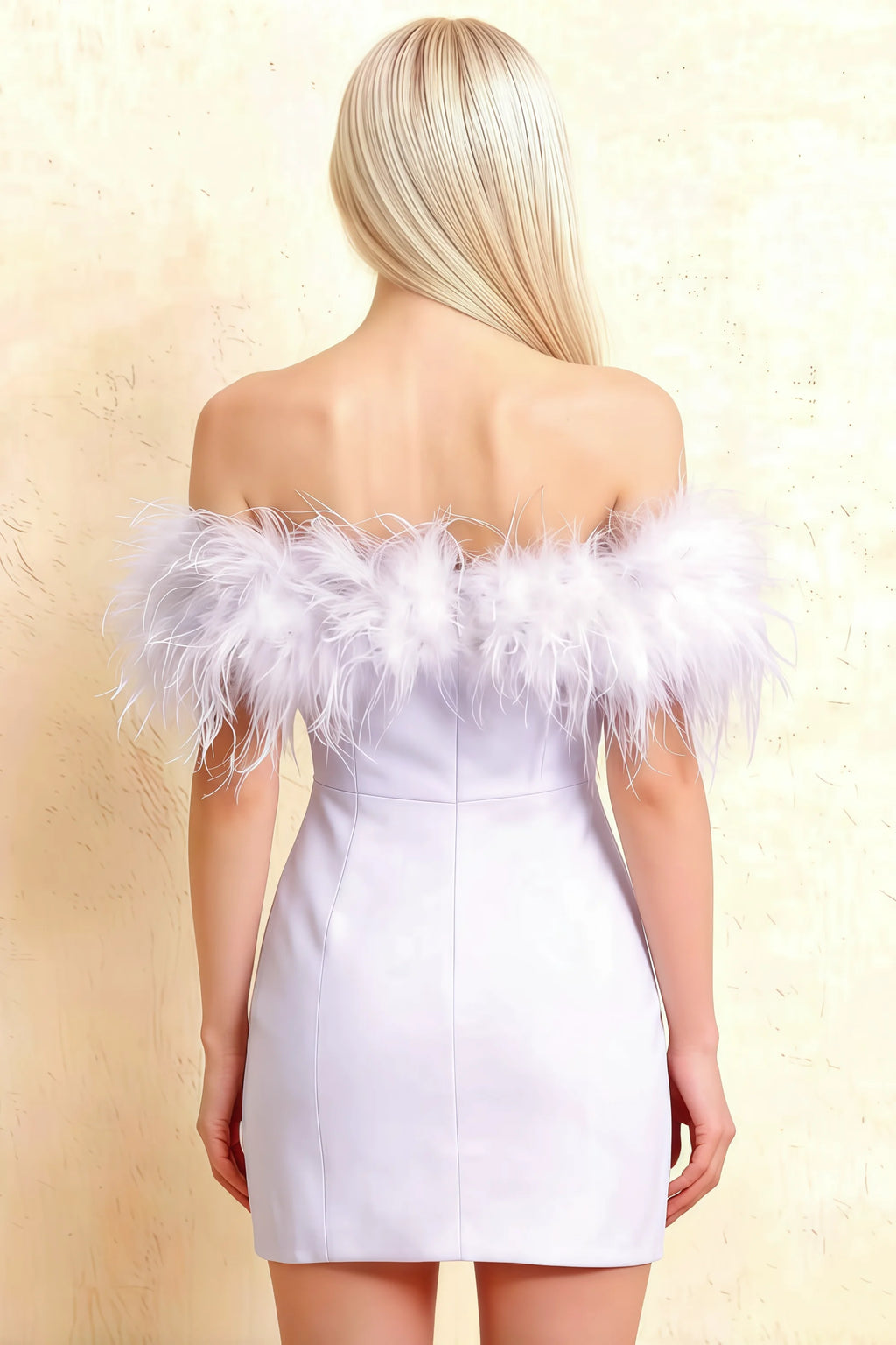 Rear view of Chloe lavender off-shoulder feather dress showing back zipper detail for formal occasions