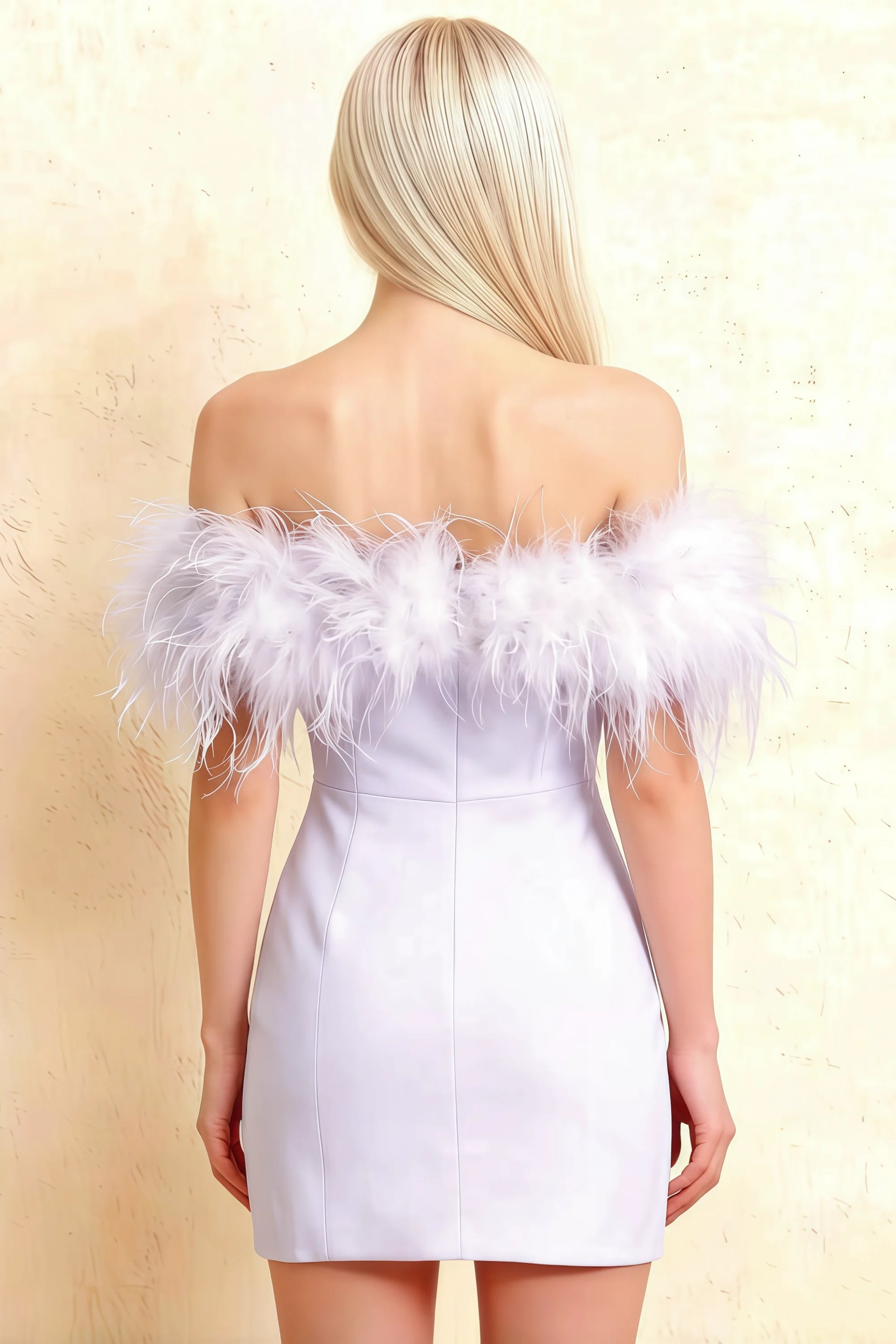 Rear view of Chloe lavender off-shoulder feather dress showing back zipper detail for formal occasions